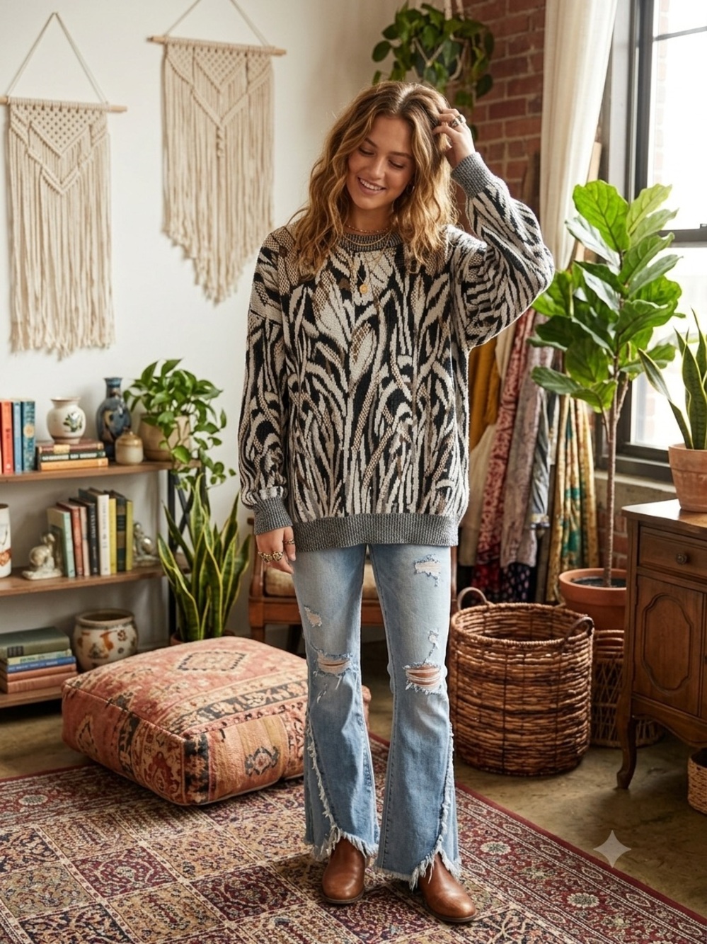Men's Black and Cream Patterned Knit Sweater